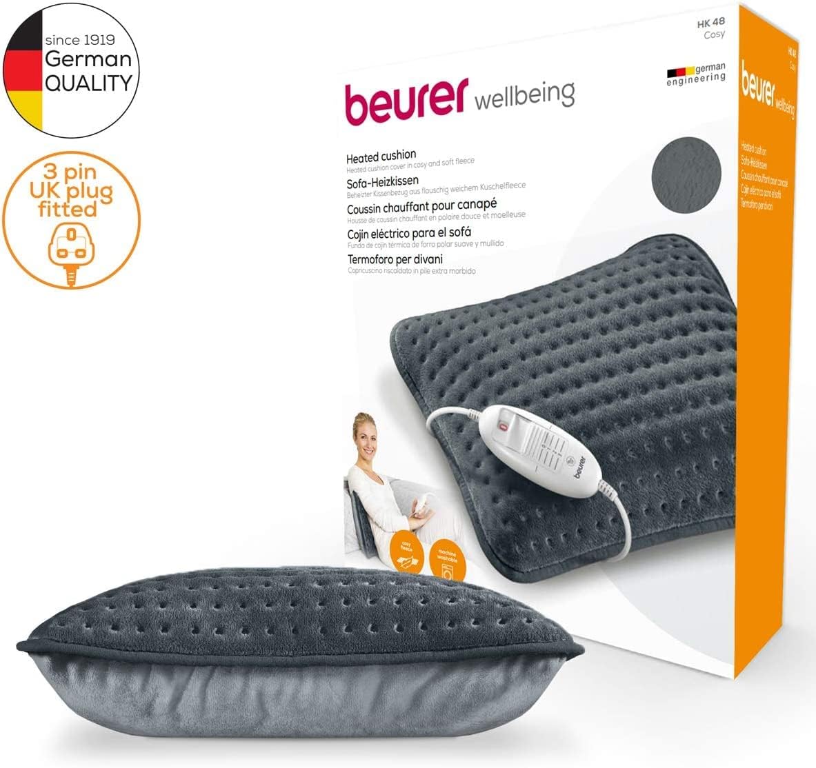 Beurer HK48 Cosy Heated Cushion Soft Reversible Sofa Pillow with Integrated Heat Pad